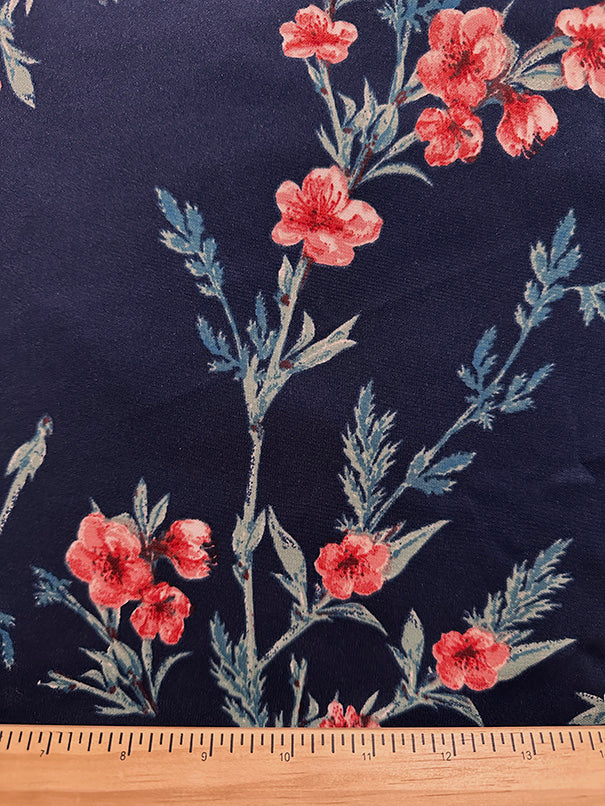Dark Blue Floral Sprig Print Scuba Knit Fabric