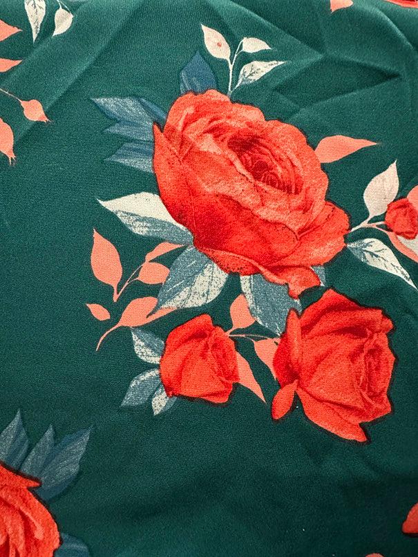 Teal Floral Rose Print Techno Scuba Knit Fabric