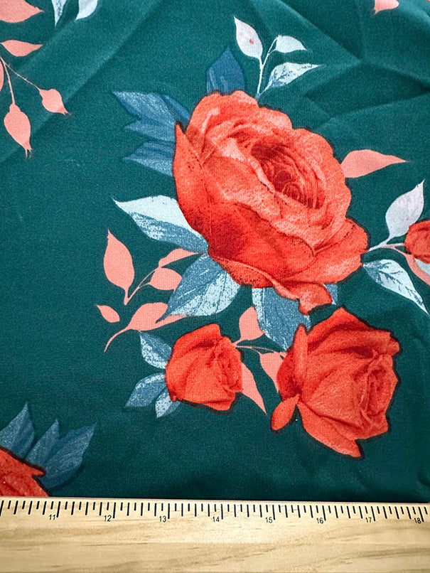 Teal Floral Rose Print Techno Scuba Knit Fabric