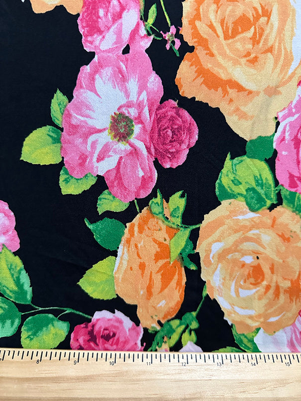 2 7/8 YD PC-Pink and Orange Roses Print ITY Jersey Knit Fabric