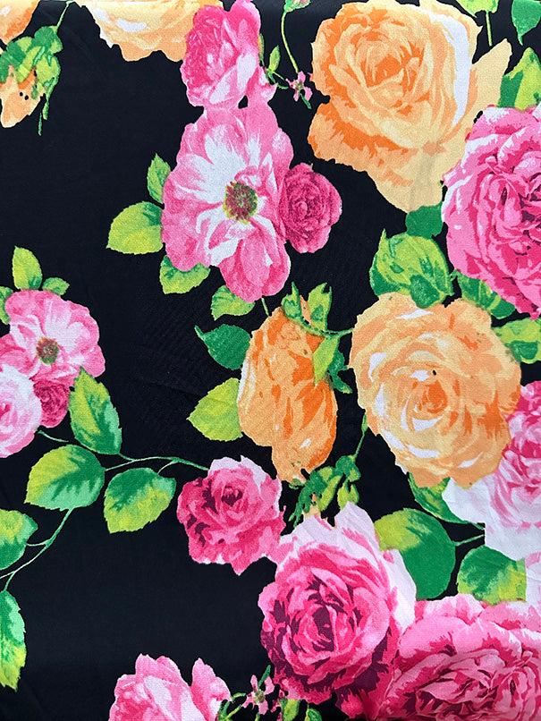 Pink and Orange Roses Print ITY Jersey Knit Fabric