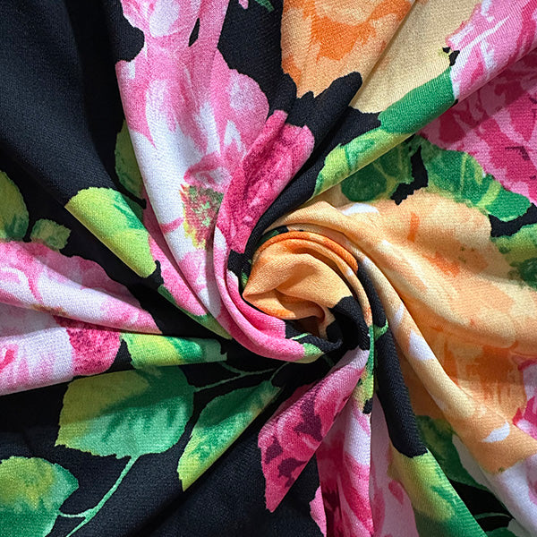 Pink and Orange Roses Print ITY Jersey Knit Fabric