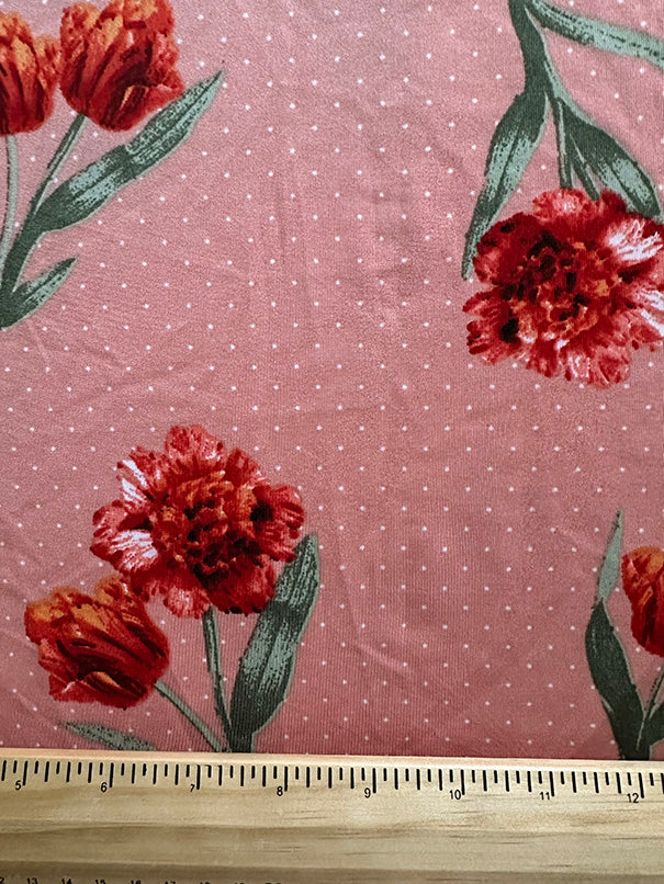 Salmon Pink Polka Dot Floral Print ITY Jersey Knit Fabric