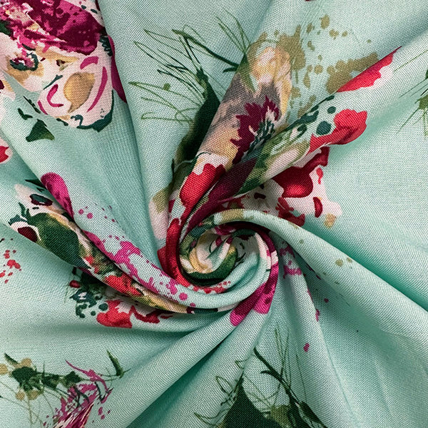 Mint Multi Floral Print Woven Challis Fabric