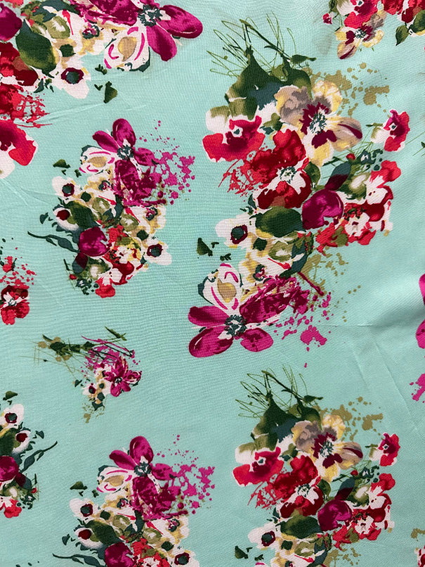 Mint Multi Floral Print Woven Challis Fabric