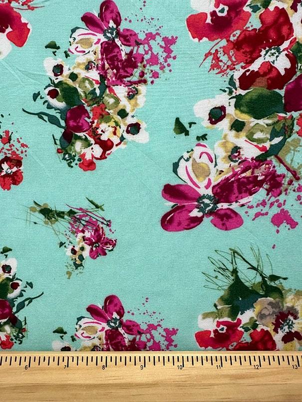 Mint Multi Floral Print Woven Challis Fabric