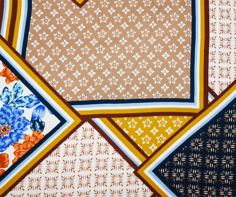 Blue-Orange-Multi Rayon Multi Panel Printed Challis Woven Fabric