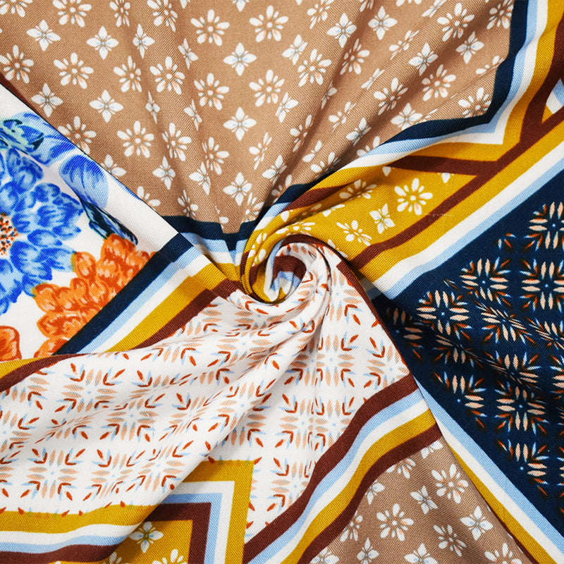Blue-Orange-Multi Rayon Multi Panel Printed Challis Woven Fabric