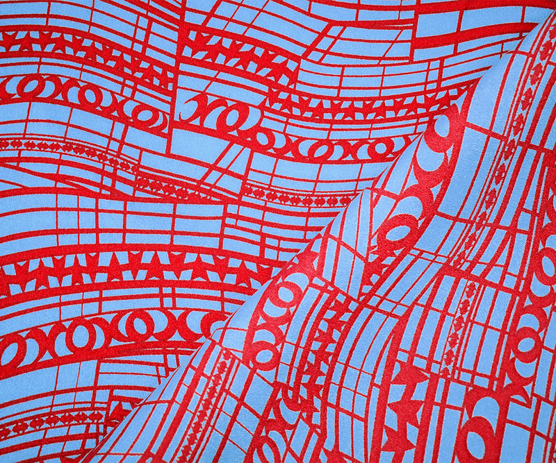 Blue-Red Poly Abstract Pattern Printed Crepe Momie Georgette Woven Fabric