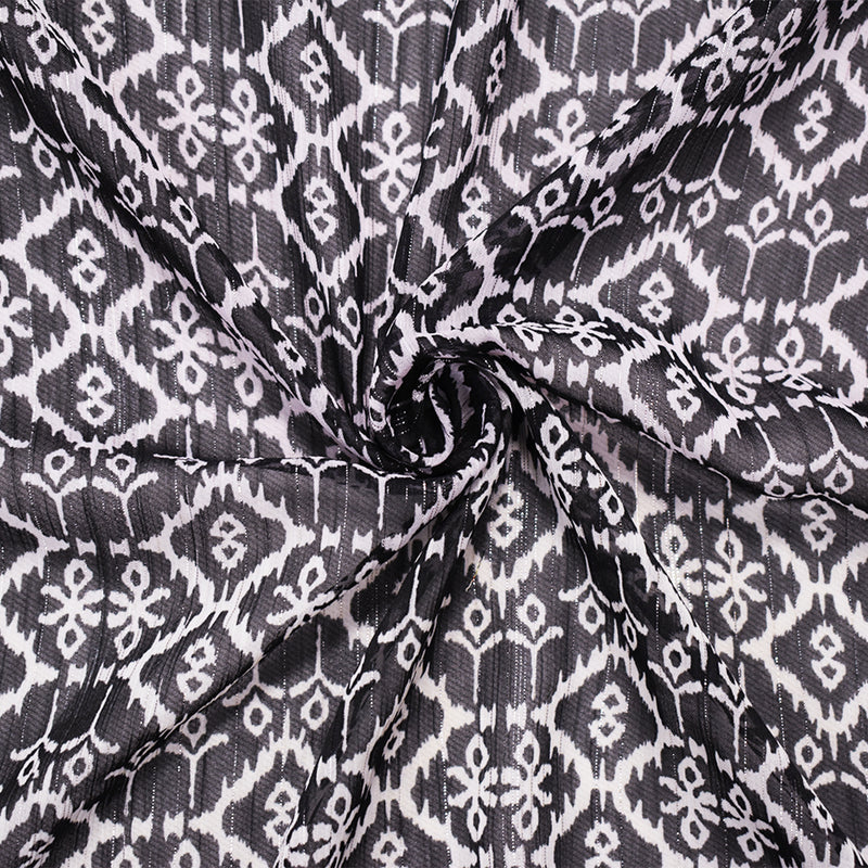 Black-Purple Poly Tile Abstract Ikat Printed Silver Stripe Chiffon Fabric