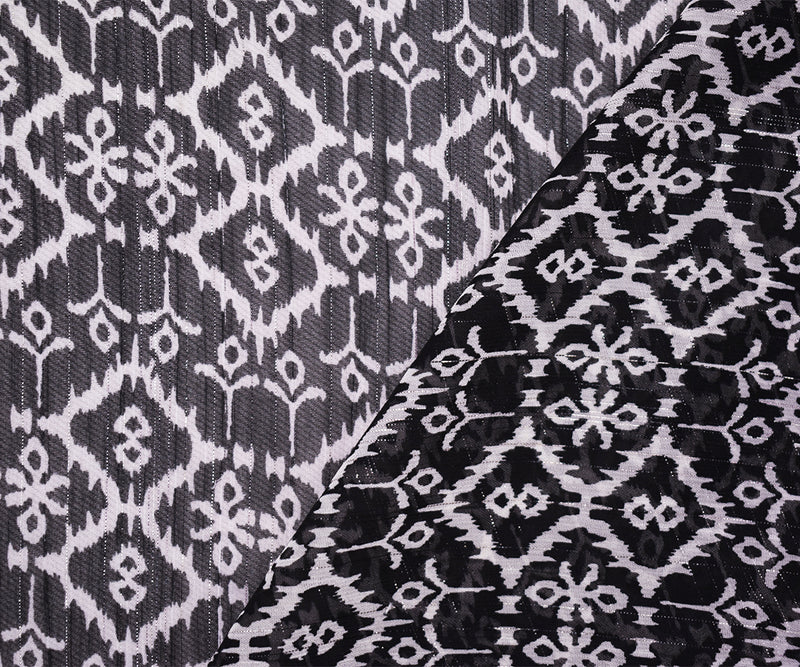 Black-Purple Poly Tile Abstract Ikat Printed Silver Stripe Chiffon Fabric