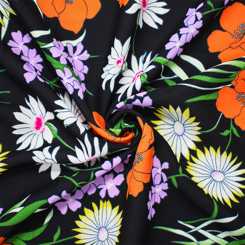 Black-Orange-Multi Poly Floral Printed Chiffon Woven Fabric