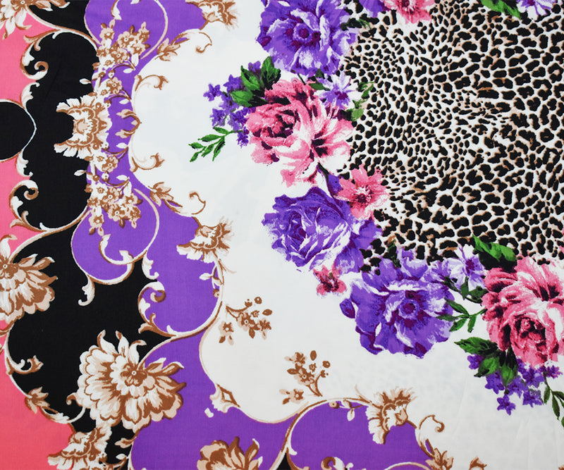 Purple-Multi Poly Floral Multi-Pattern Border Printed Faille Woven Fabric