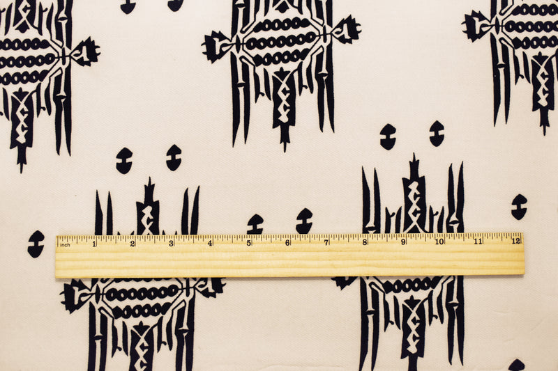 Beige-Black Poly Poly Abstract Aztec Velvet Flocked Chiffon Woven Fabric