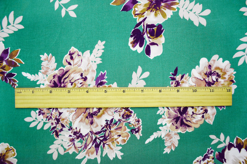 4 YD PC-Ash Green-Brown-Multi Rayon Floral Printed Challis Woven Fabric