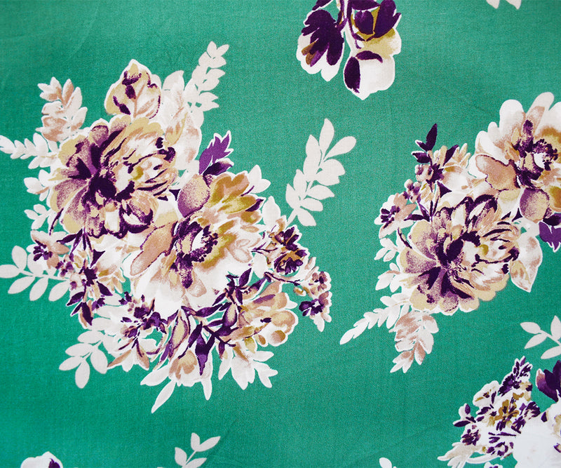 4 YD PC-Ash Green-Brown-Multi Rayon Floral Printed Challis Woven Fabric