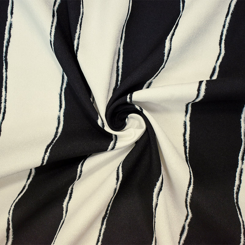 Black-Pearl White Poly Stripe Printed Stretch Crepe Momie Woven Fabric