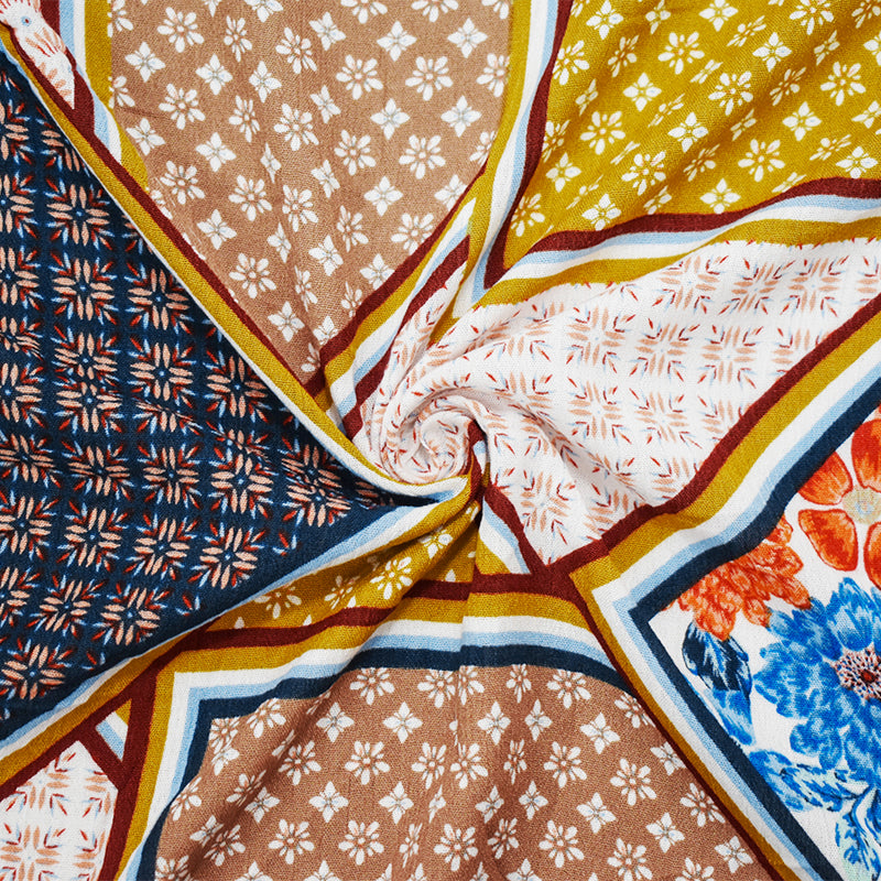 1 YD PC-Orange-Multi Cotton Multi Panel Pattern Printed Crinkled Gauze Woven Fabric