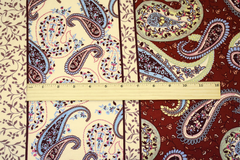 Red-Blue-Multi Poly Paisley Border Printed Pebble Crepe Woven Fabric