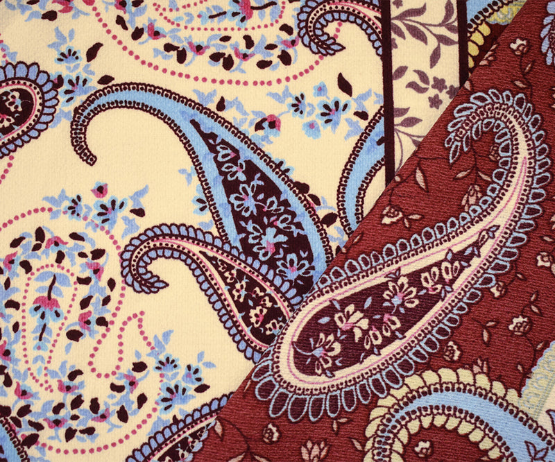 Red-Blue-Multi Poly Paisley Border Printed Pebble Crepe Woven Fabric