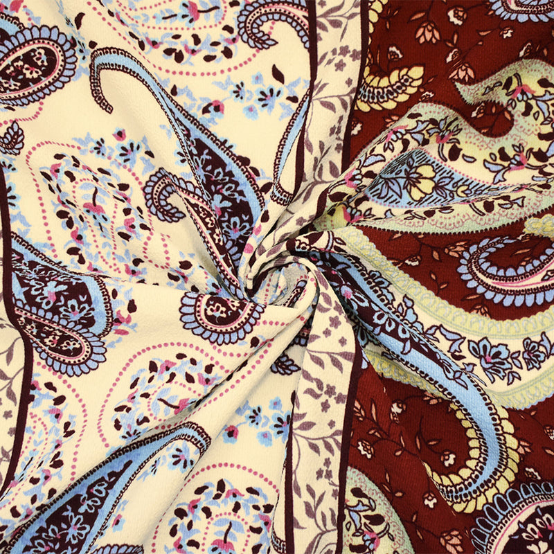 Red-Blue-Multi Poly Paisley Border Printed Pebble Crepe Woven Fabric