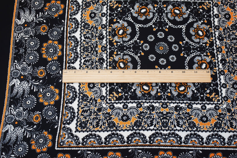 Black-Yellow-Ivory Poly Bandana Printed Pebble Crepe Woven Fabric