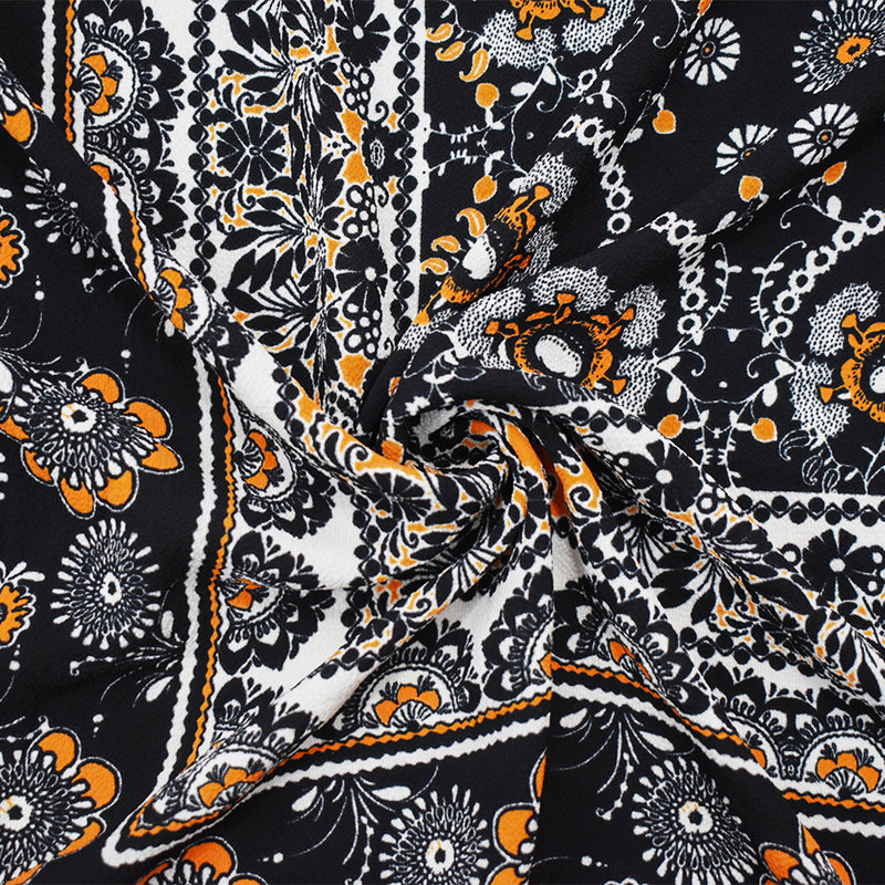 Black-Yellow-Ivory Poly Bandana Printed Pebble Crepe Woven Fabric