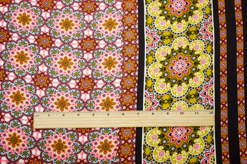 Brown-Coral-Multi Poly Moroccan Border Printed Crepe Georgette Fabric
