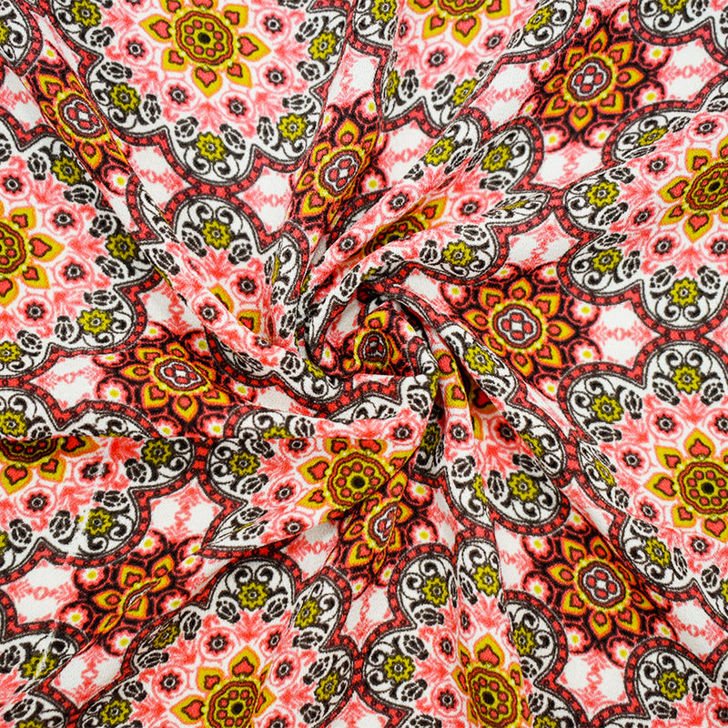 Brown-Coral-Multi Poly Moroccan Border Printed Crepe Georgette Fabric