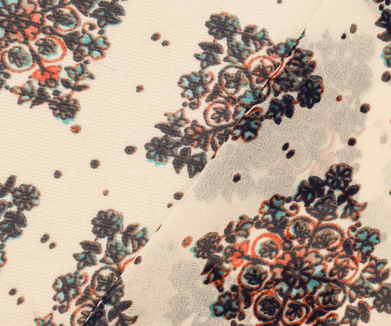 Turquoise-Coral-Multi Poly Bordered Crest Printed Chiffon Woven Fabric