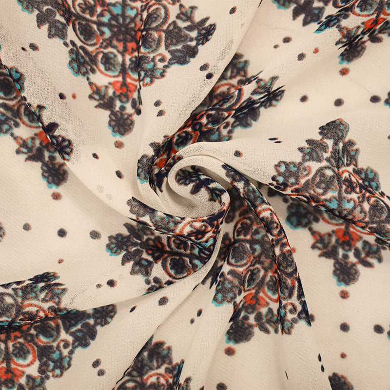 Turquoise-Coral-Multi Poly Bordered Crest Printed Chiffon Woven Fabric