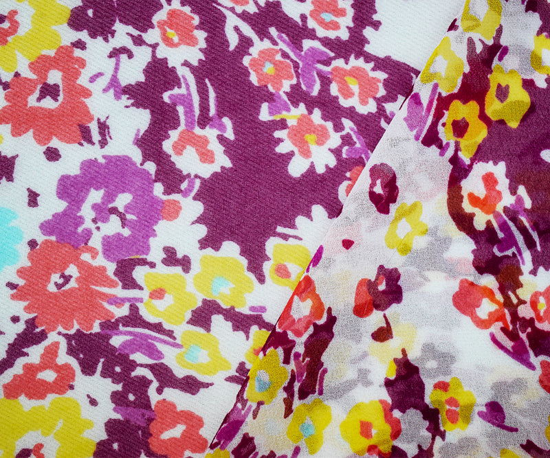 Deep Purple-Orange-Multi Poly Floral Printed Chiffon Woven Fabric