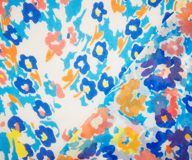 Aqua Blue-Orange-Multi Poly Floral Printed Chiffon Woven Fabric