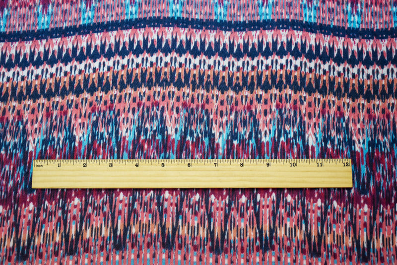Navy-Coral-Multi Poly Aztec Ikat Pattern Printed Chiffon Woven Fabric