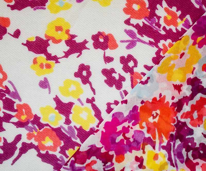 Red-Orange-Multi Poly Floral Printed Chiffon Woven Fabric