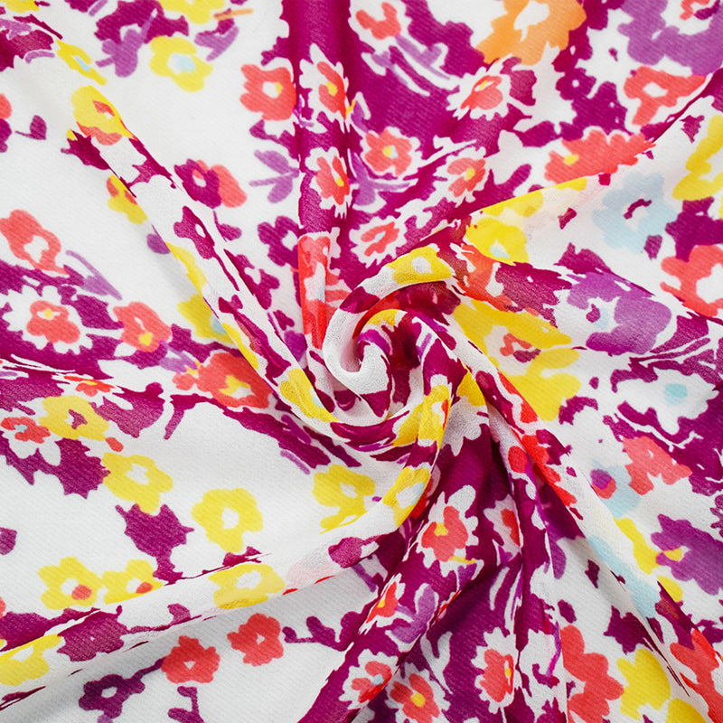 Red-Orange-Multi Poly Floral Printed Chiffon Woven Fabric