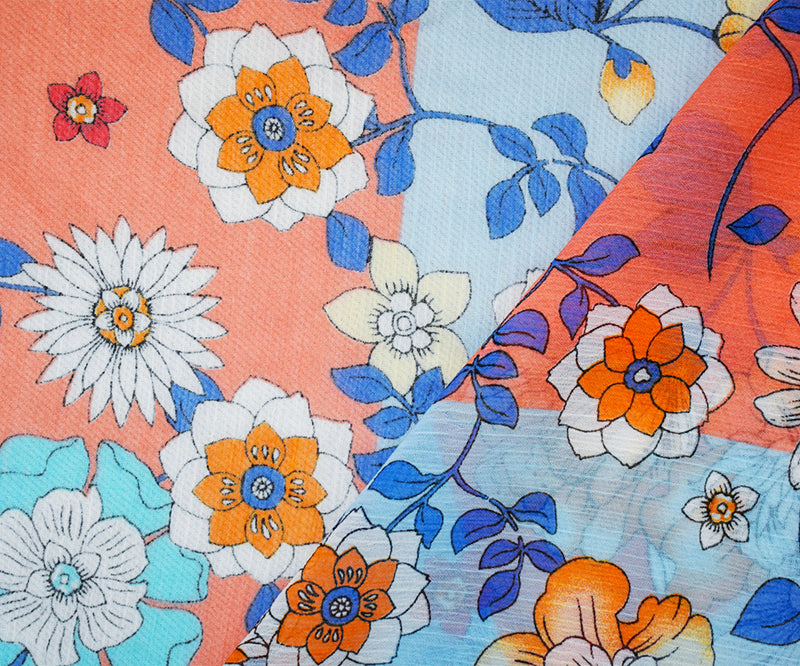 Light Blue-Orange-Multi Poly Floral Printed Yoryu Chiffon Woven Fabric