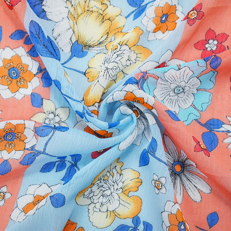 Light Blue-Orange-Multi Poly Floral Printed Yoryu Chiffon Woven Fabric
