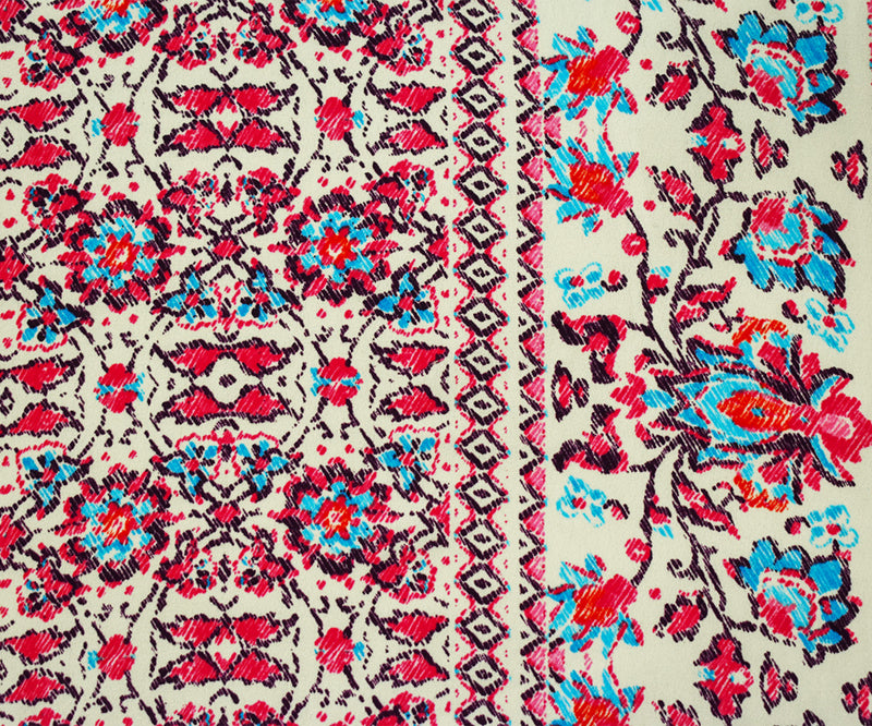 Red-Teal-Multi Poly Border Printed Crepe Momie Georgette Woven Fabric