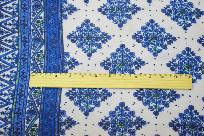 Blue-White-Green Poly Border Printed Chiffon Woven Fabric
