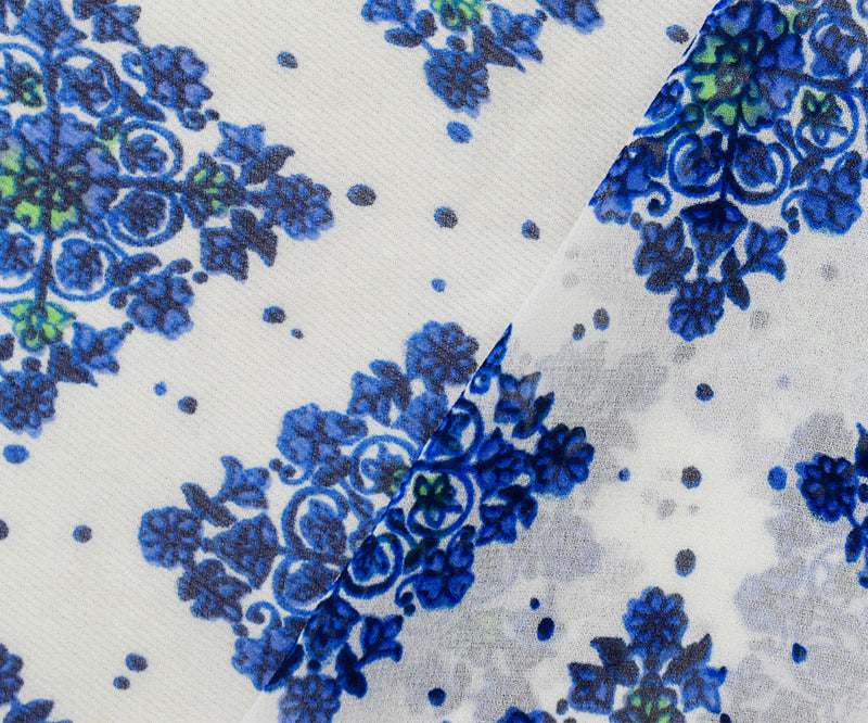Blue-White-Green Poly Border Printed Chiffon Woven Fabric