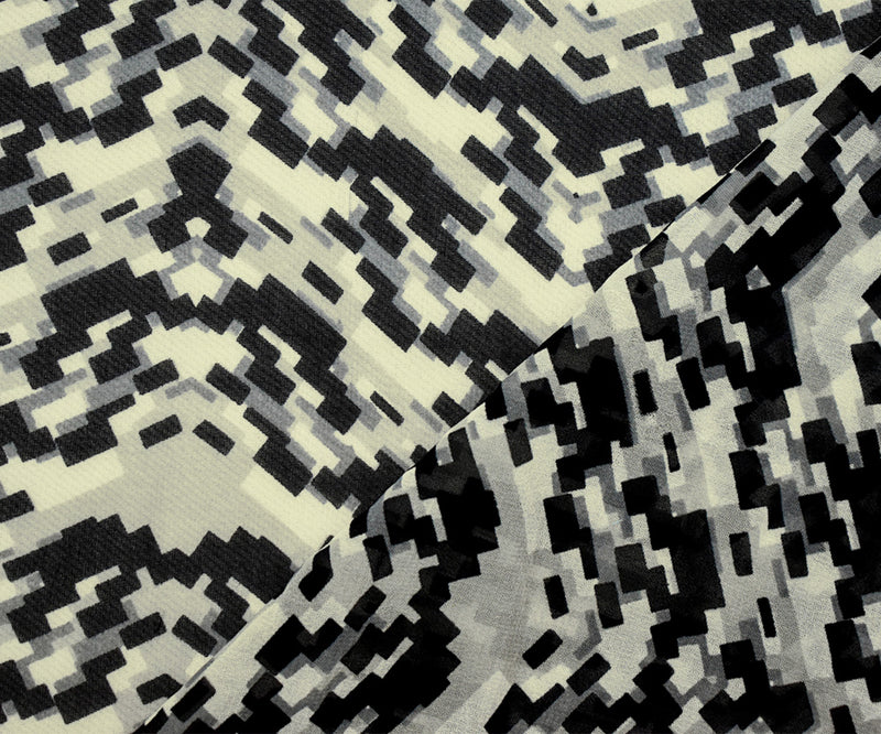 Black-Gray-Ivory Poly Abstract Pixel Chevron Printed Chiffon Woven Fabric