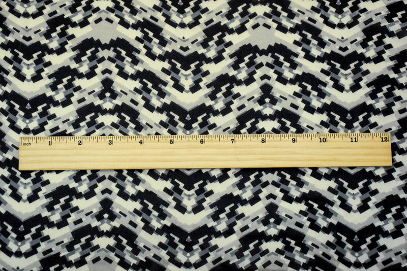 Black-Gray-Ivory Poly Abstract Pixel Chevron Printed Chiffon Woven Fabric