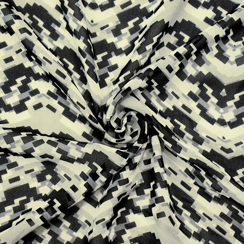 Black-Gray-Ivory Poly Abstract Pixel Chevron Printed Chiffon Woven Fabric