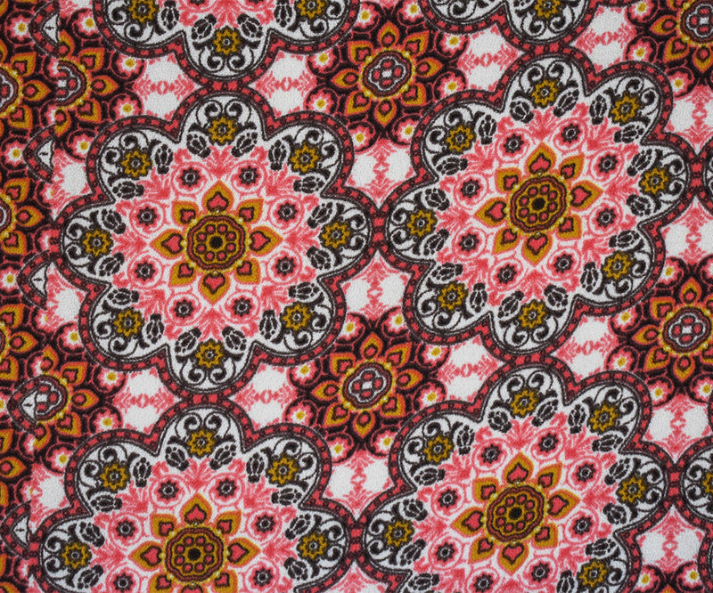 Brown-Orange-Multi Poly Floral Border Printed Crepe Momie Georgette Fabric
