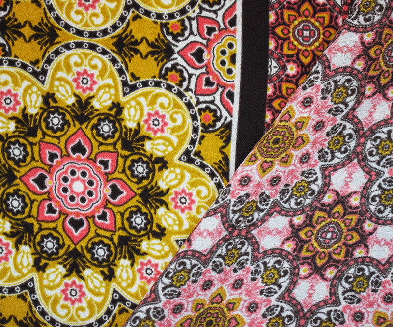 Brown-Orange-Multi Poly Floral Border Printed Crepe Momie Georgette Fabric