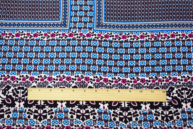 Black-Fuchsia-Multi Poly Floral Border Printed Pebble Crepe Woven Fabric