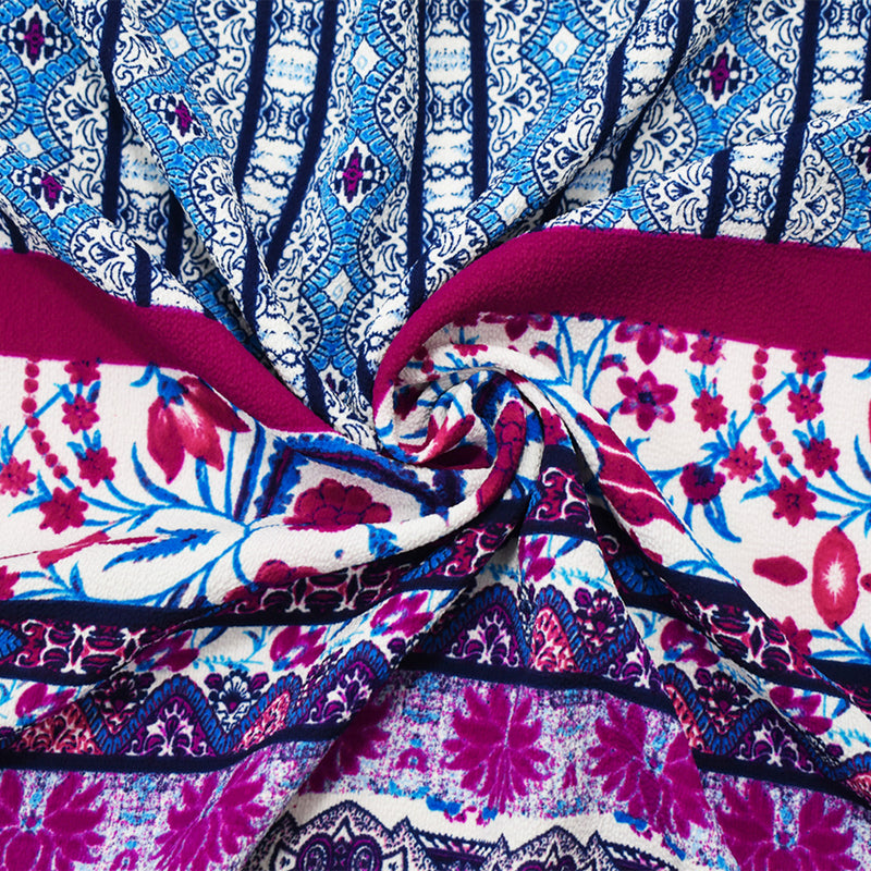 Blue-Fuchsia-Teal Poly Boho Multi Border Pattern Print Pebble Crepe Fabric