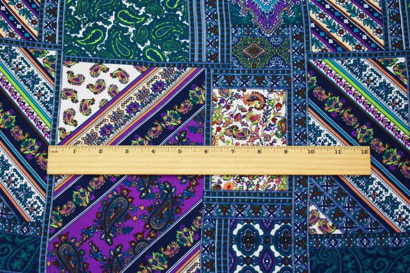 Deep Teal-Blue-Multi Paisley Bandana Printed Momie Georgette Woven Fabric