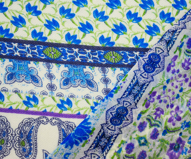 Blue-Purple-Multi Poly Border Floral Printed Chiffon Woven Fabric